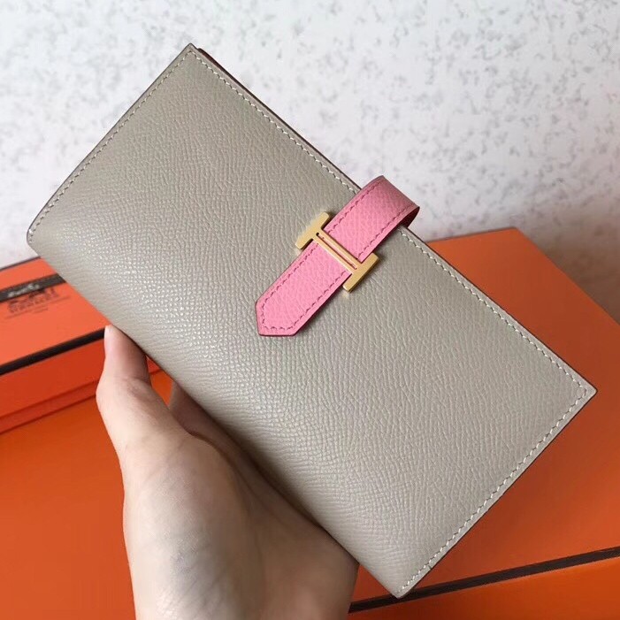 H**mes bi-color epsom bearn wallet grey/pink