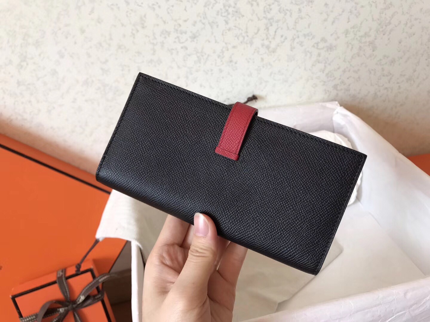 H**mes bi-color epsom bearn wallet black/ruby