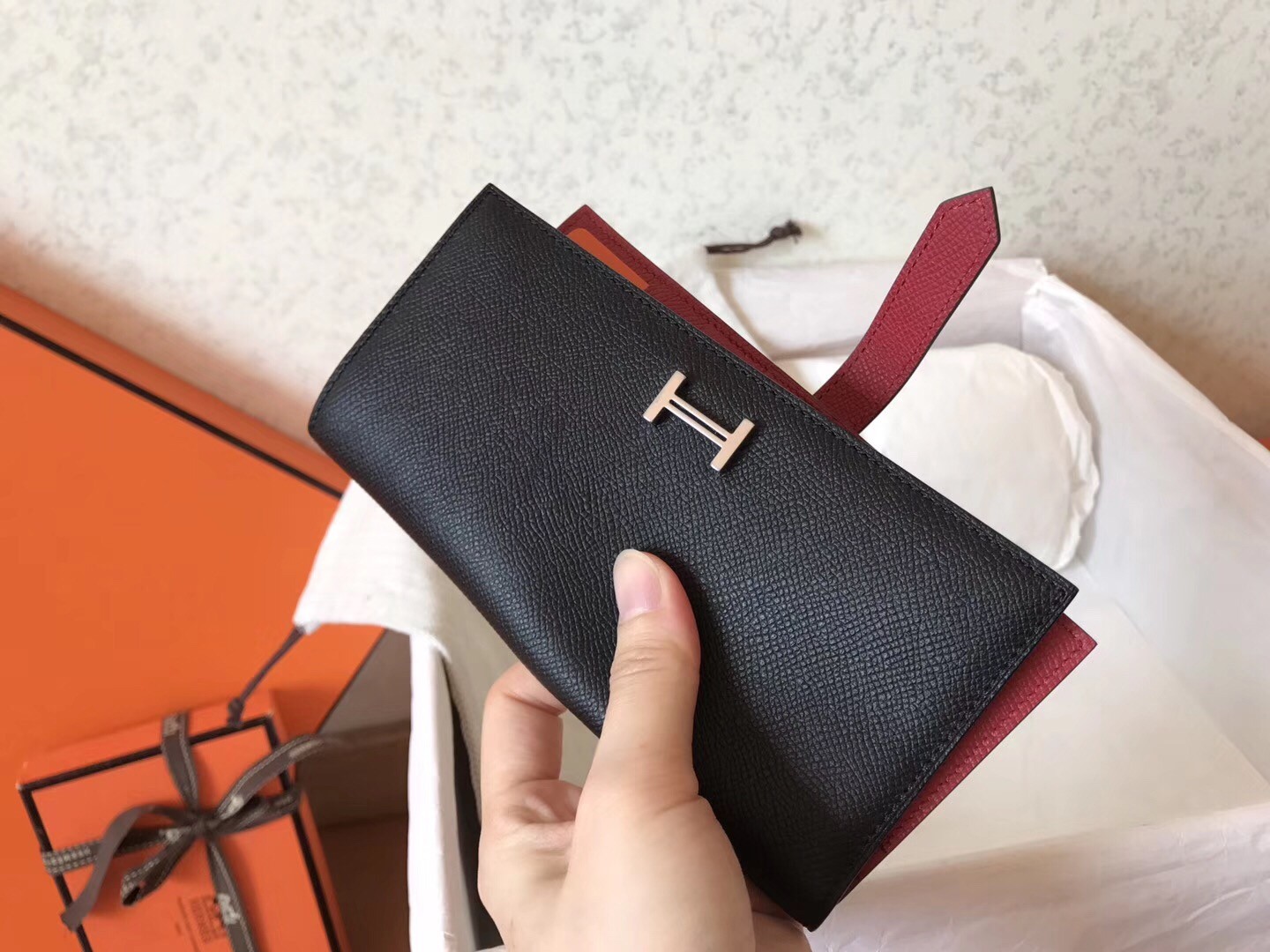 H**mes bi-color epsom bearn wallet black/ruby