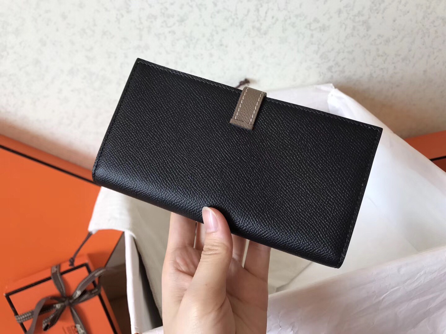 H**mes bi-color epsom bearn wallet black/taupe