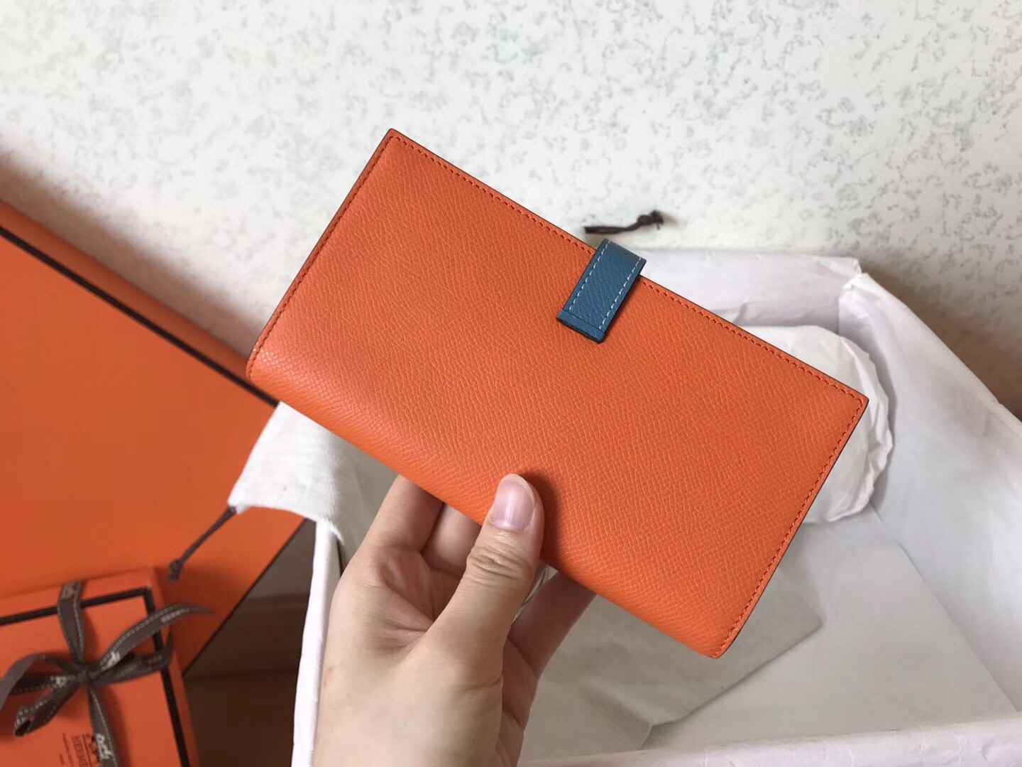 H**mes bi-color epsom bearn wallet orange/blue jean