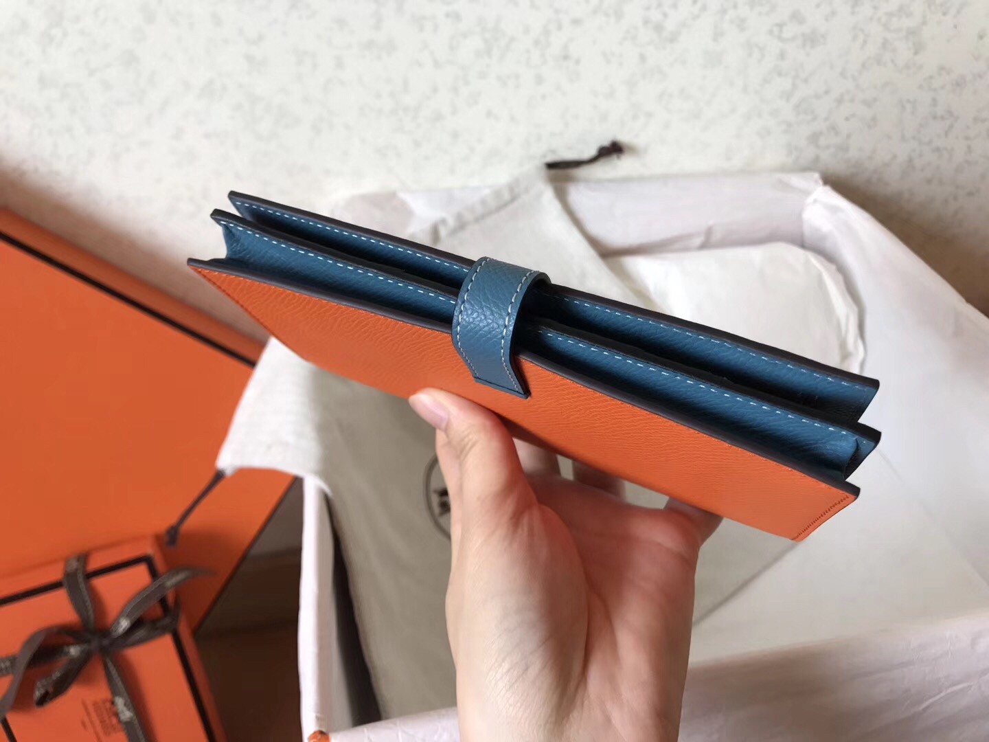 H**mes bi-color epsom bearn wallet orange/blue jean