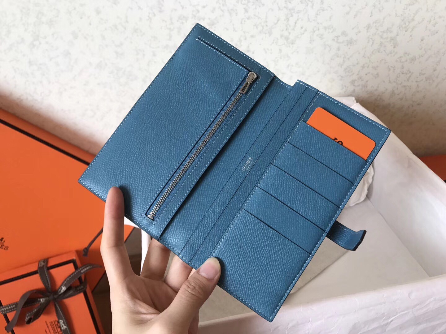 H**mes bi-color epsom bearn wallet orange/blue jean