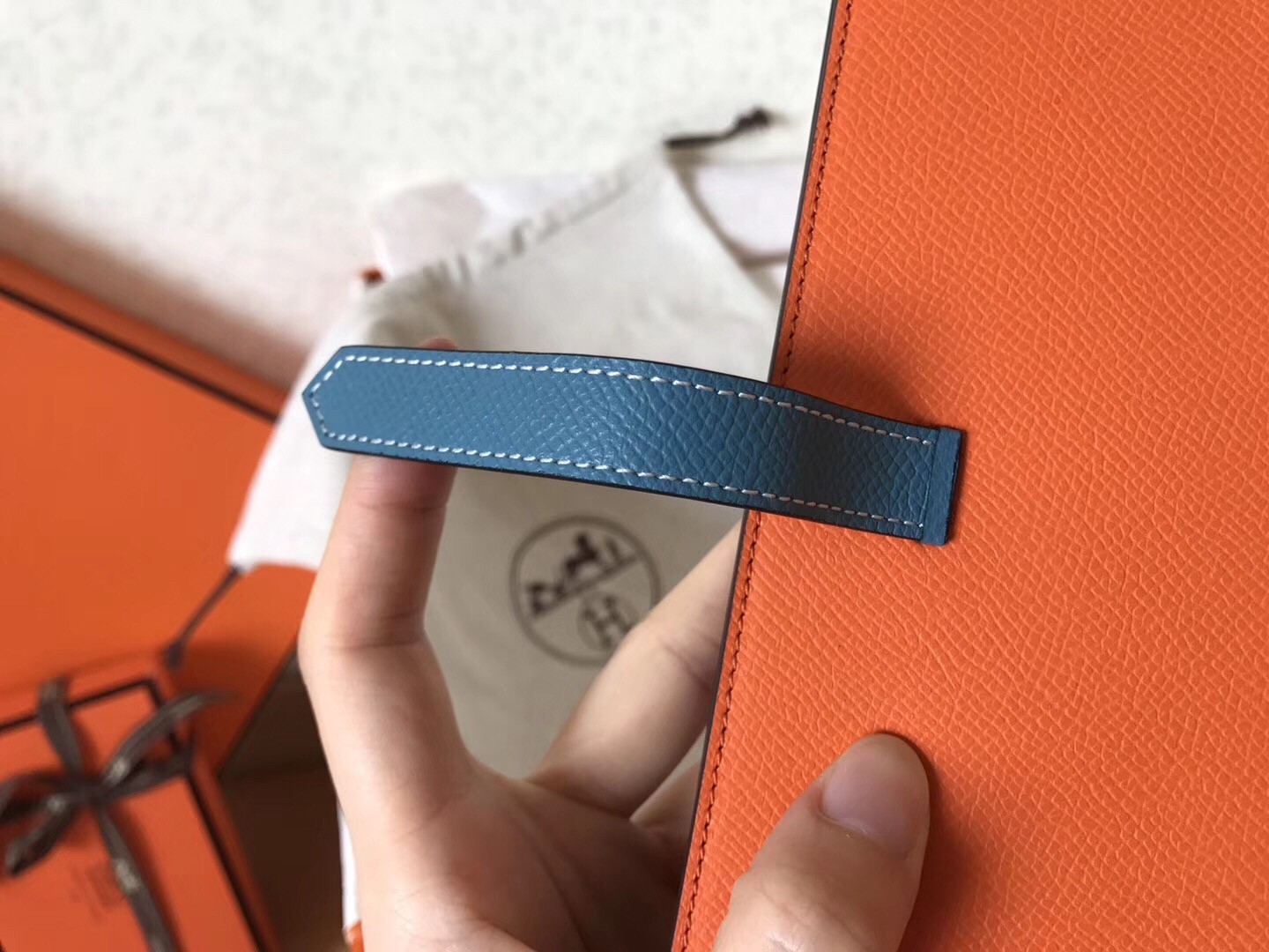 H**mes bi-color epsom bearn wallet orange/blue jean