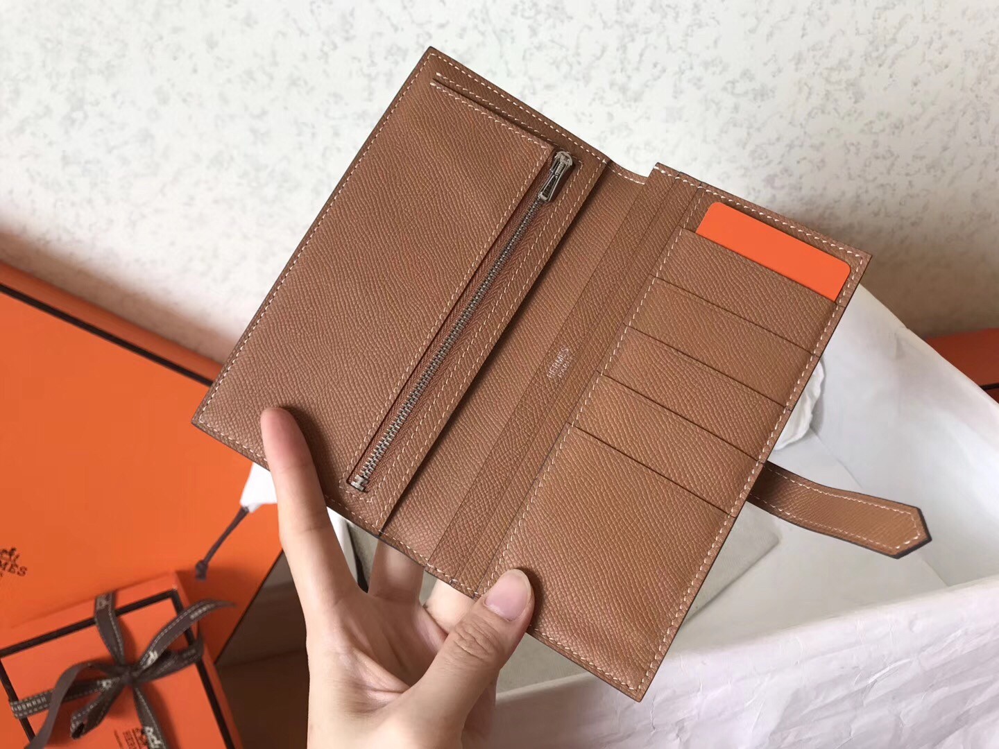 H**mes bi-color epsom bearn wallet taupe/brown