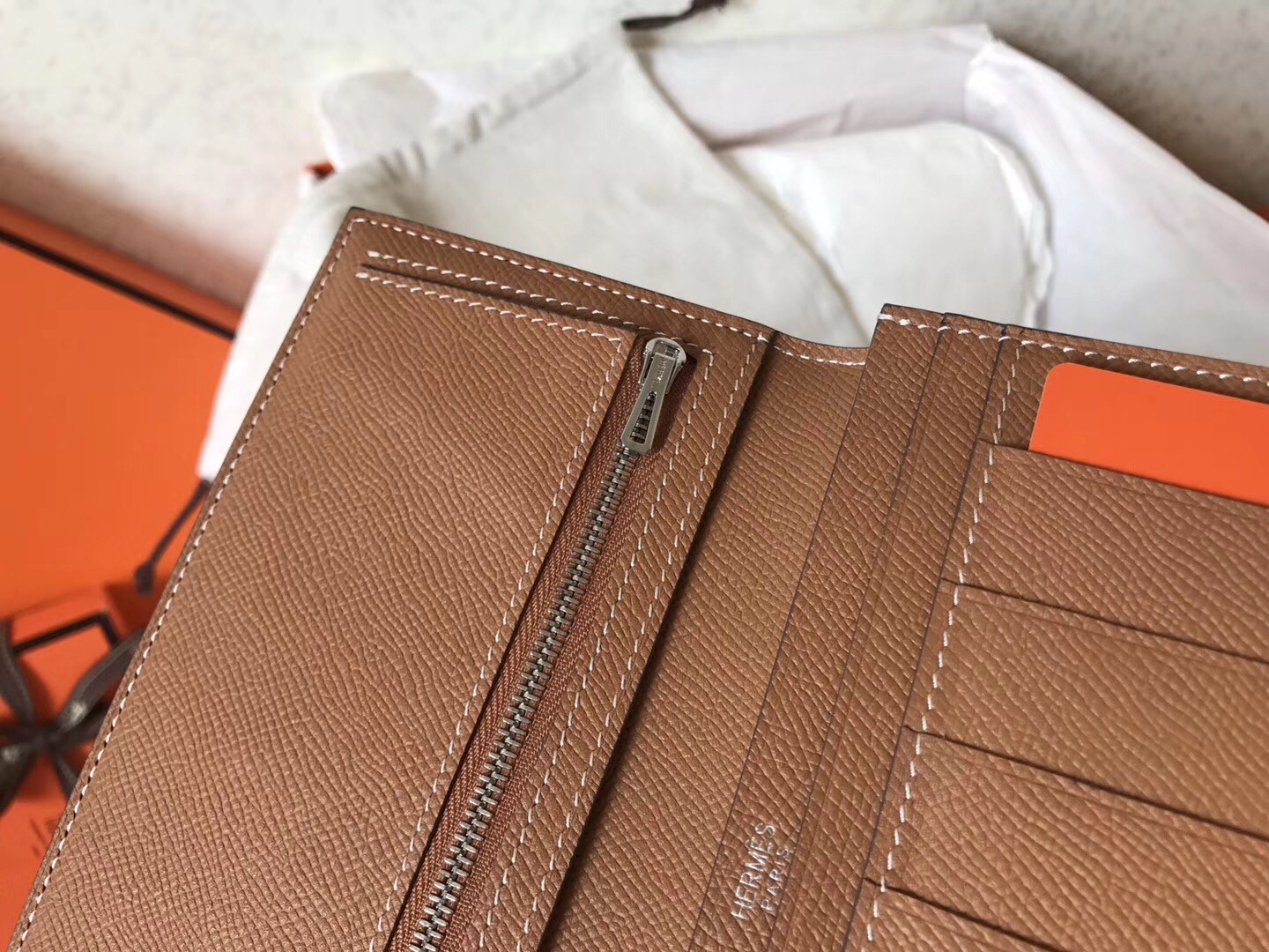 H**mes bi-color epsom bearn wallet taupe/brown