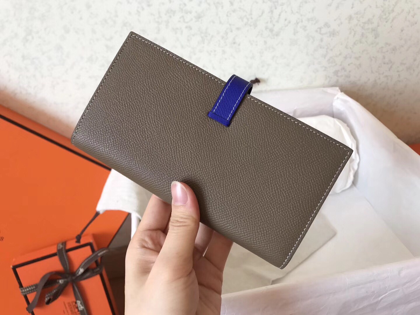 H**mes bi-color epsom bearn wallet taupe/electric blue