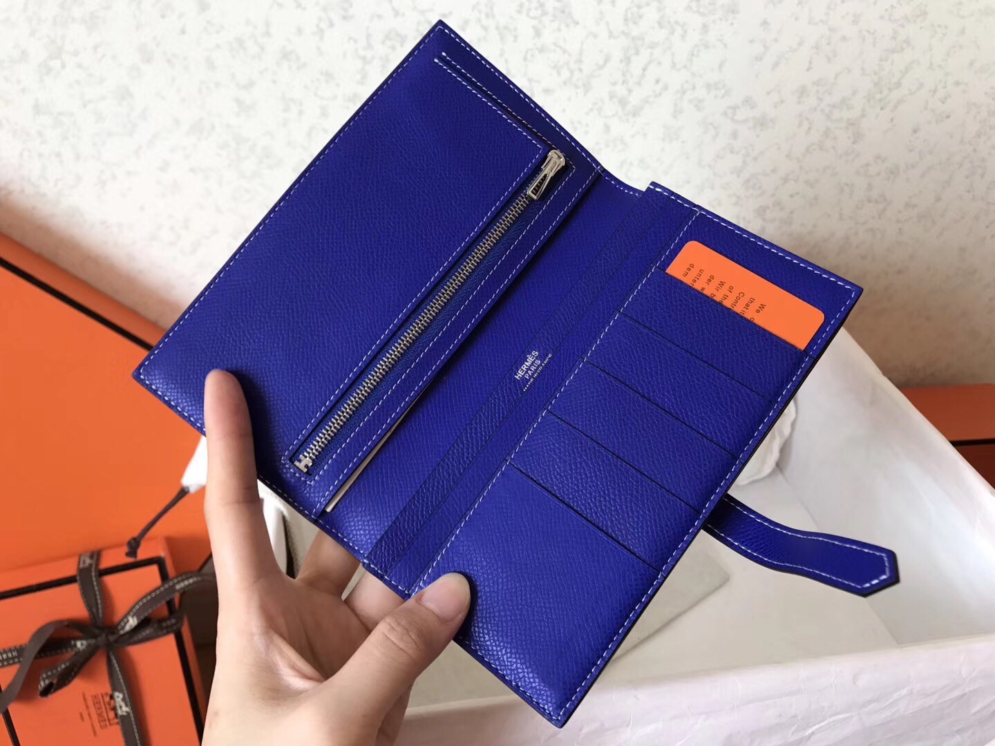 H**mes bi-color epsom bearn wallet taupe/electric blue