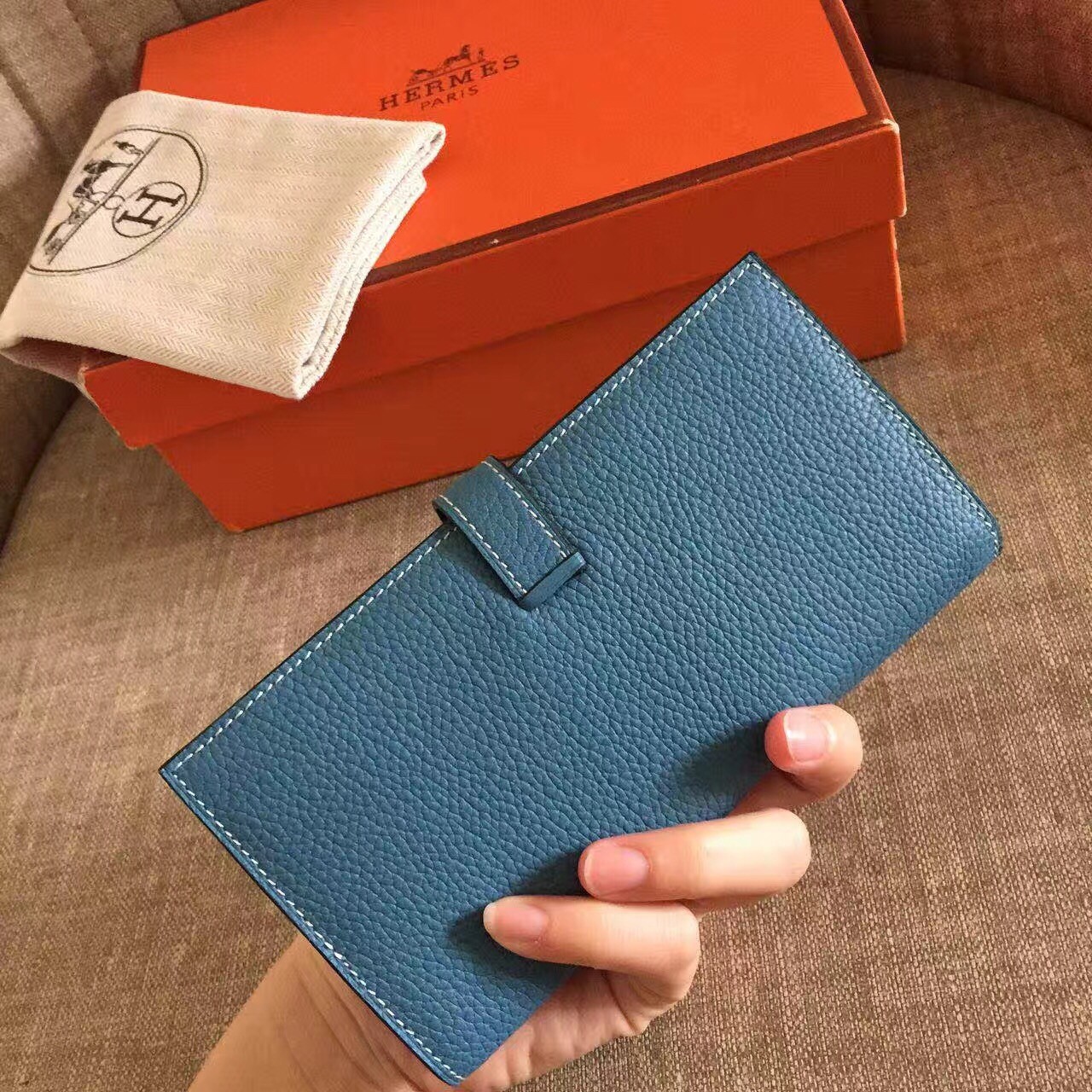 H**mes blue jean clemence bearn gusset wallet