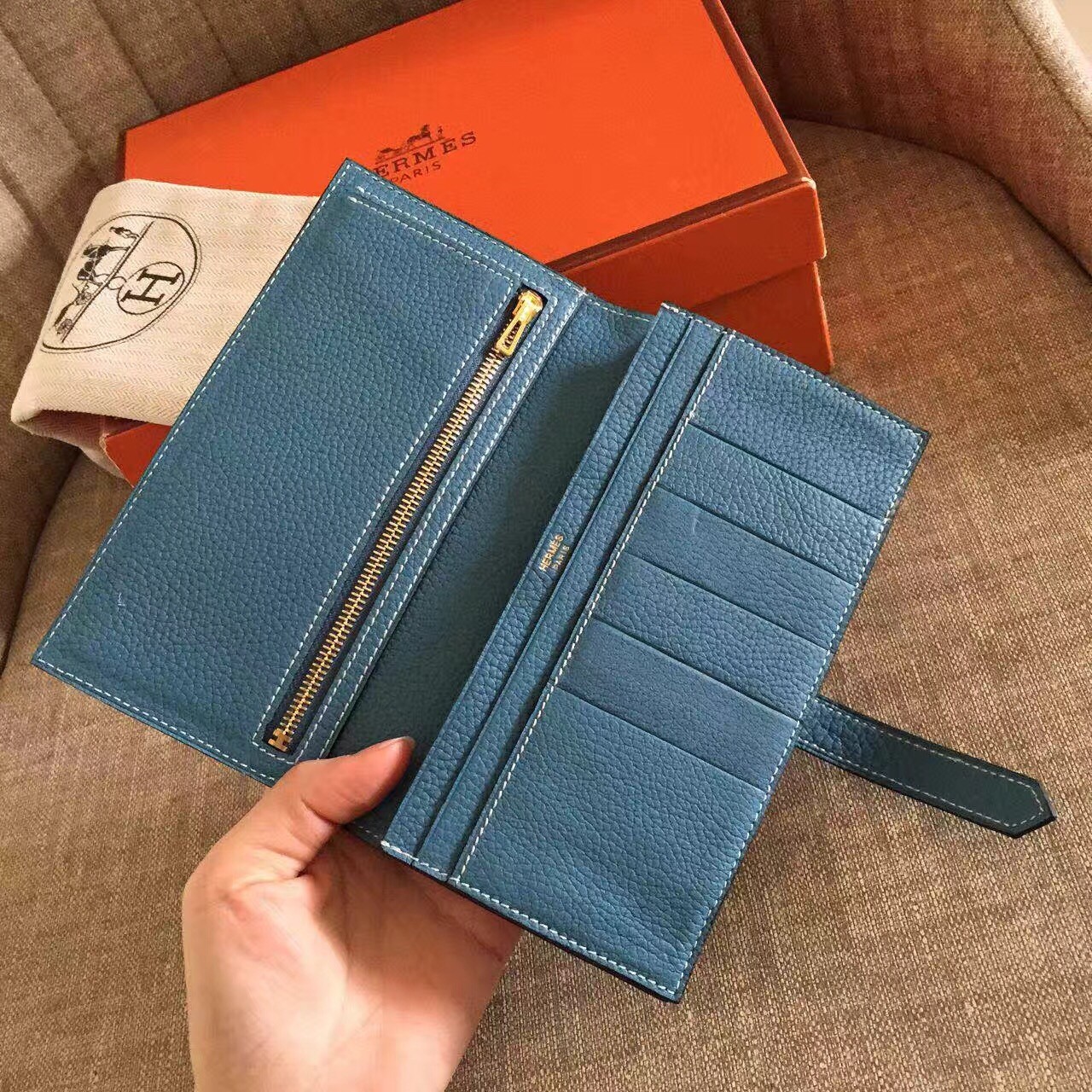 H**mes blue jean clemence bearn gusset wallet