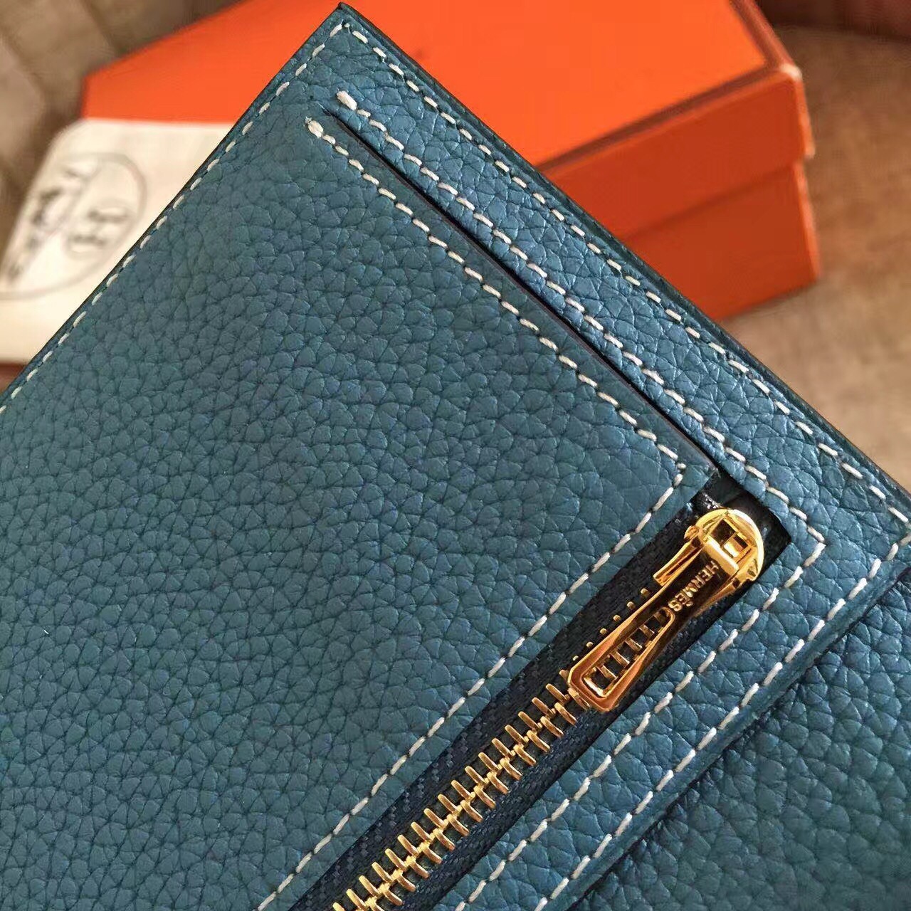 H**mes blue jean clemence bearn gusset wallet