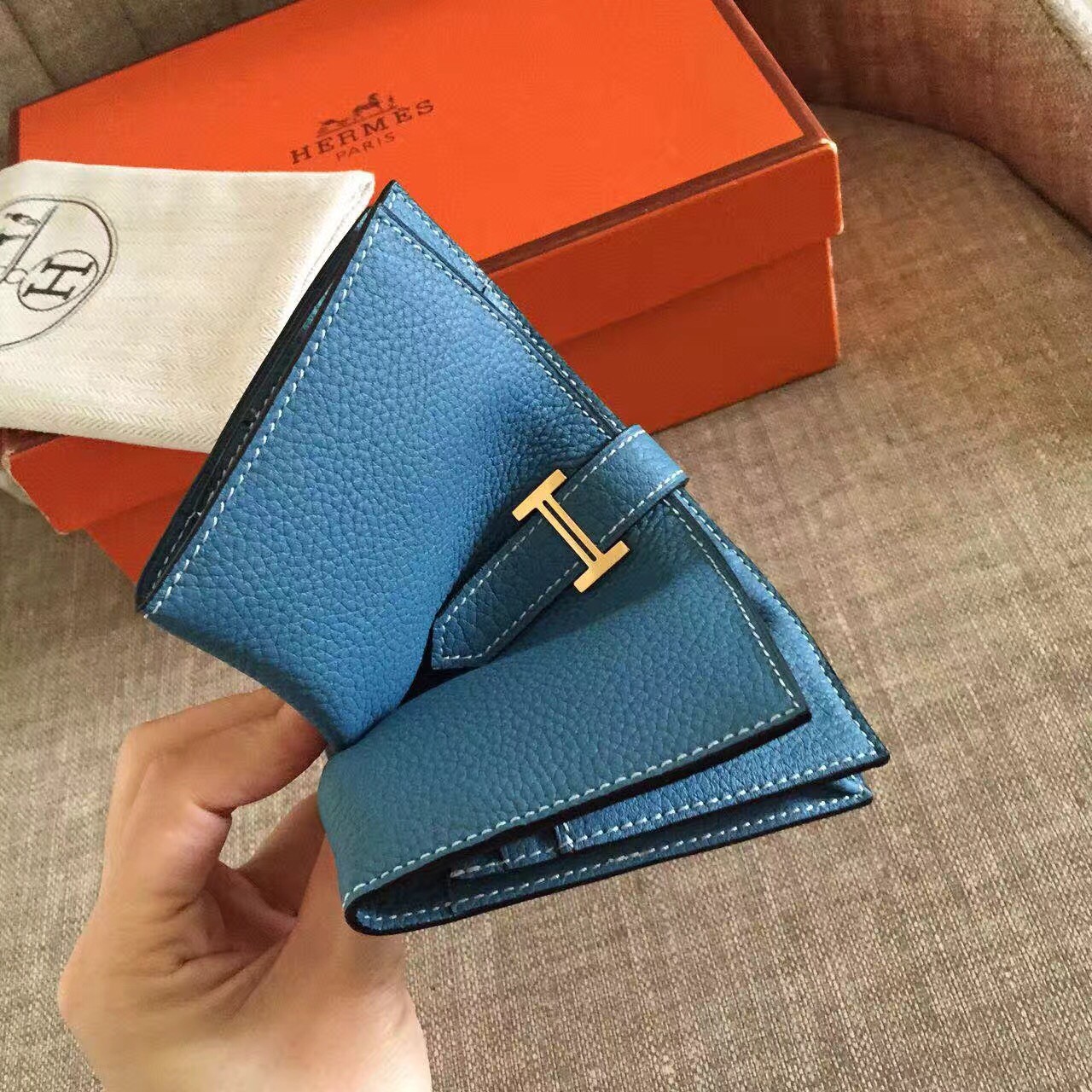 H**mes blue jean clemence bearn gusset wallet