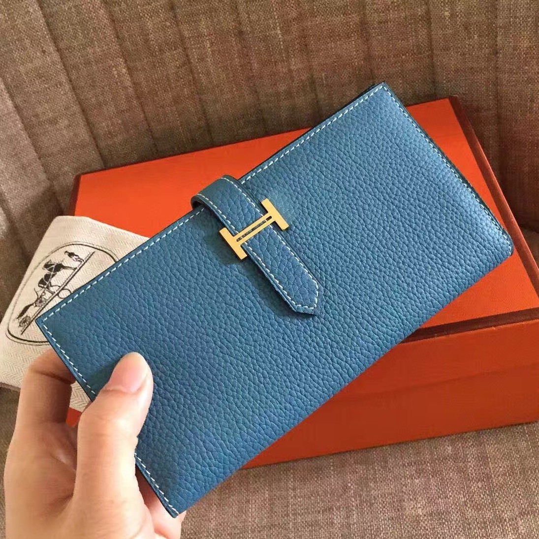 H**mes blue jean clemence bearn gusset wallet