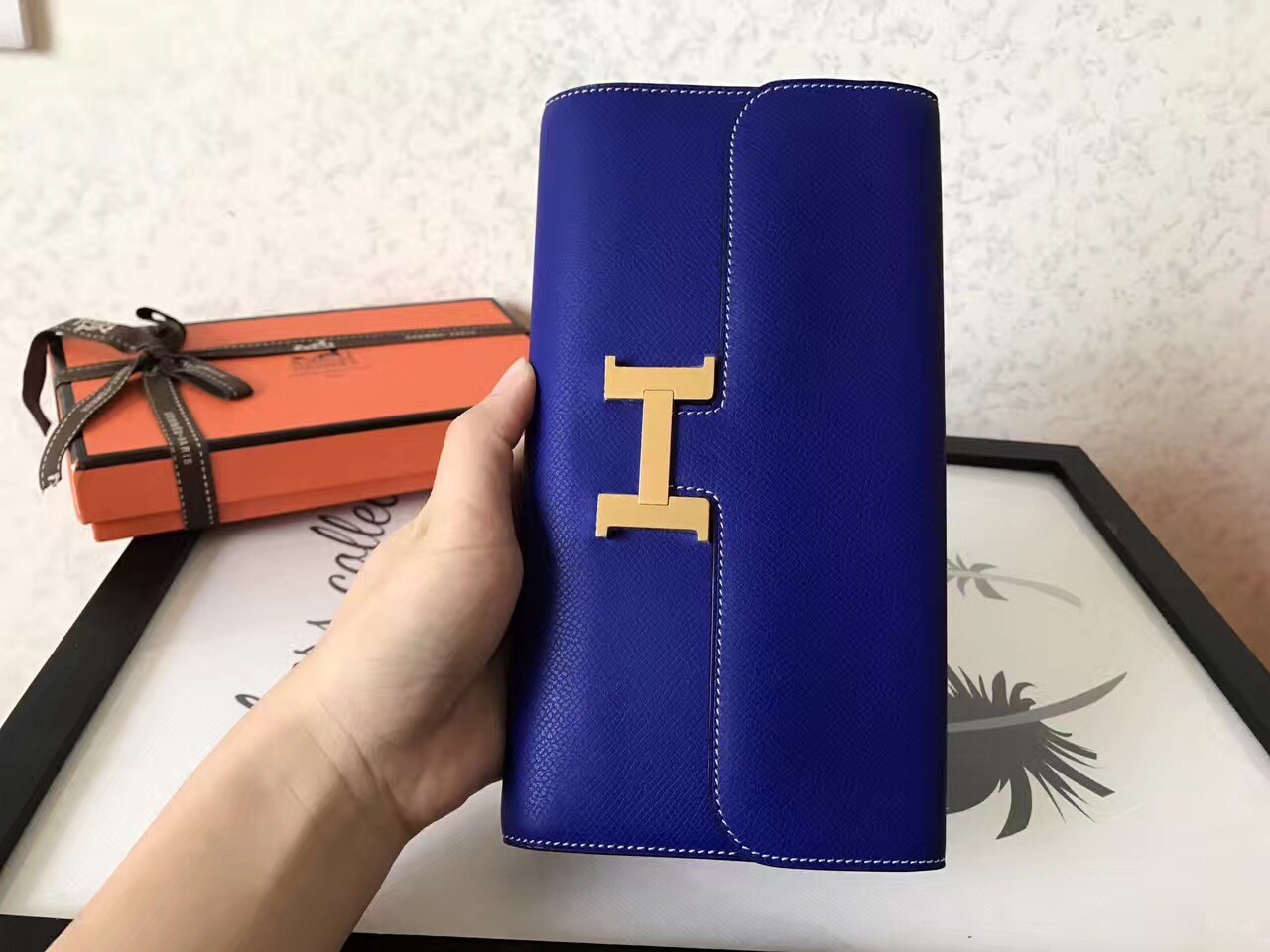 H**mes blue electric epsom constance long wallet