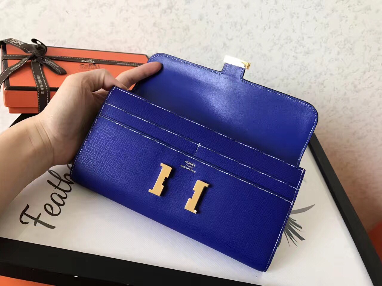 H**mes blue electric epsom constance long wallet