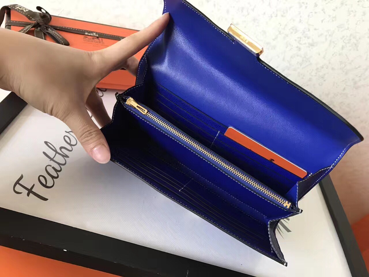 H**mes blue electric epsom constance long wallet