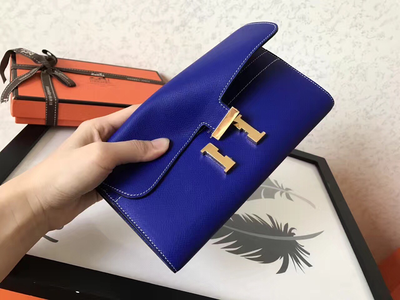 H**mes blue electric epsom constance long wallet
