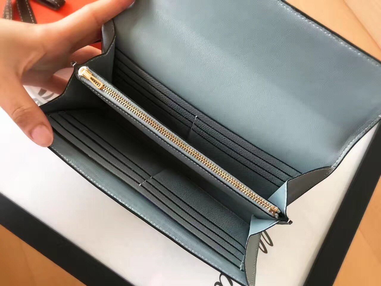 H**mes blue lin epsom constance long wallet
