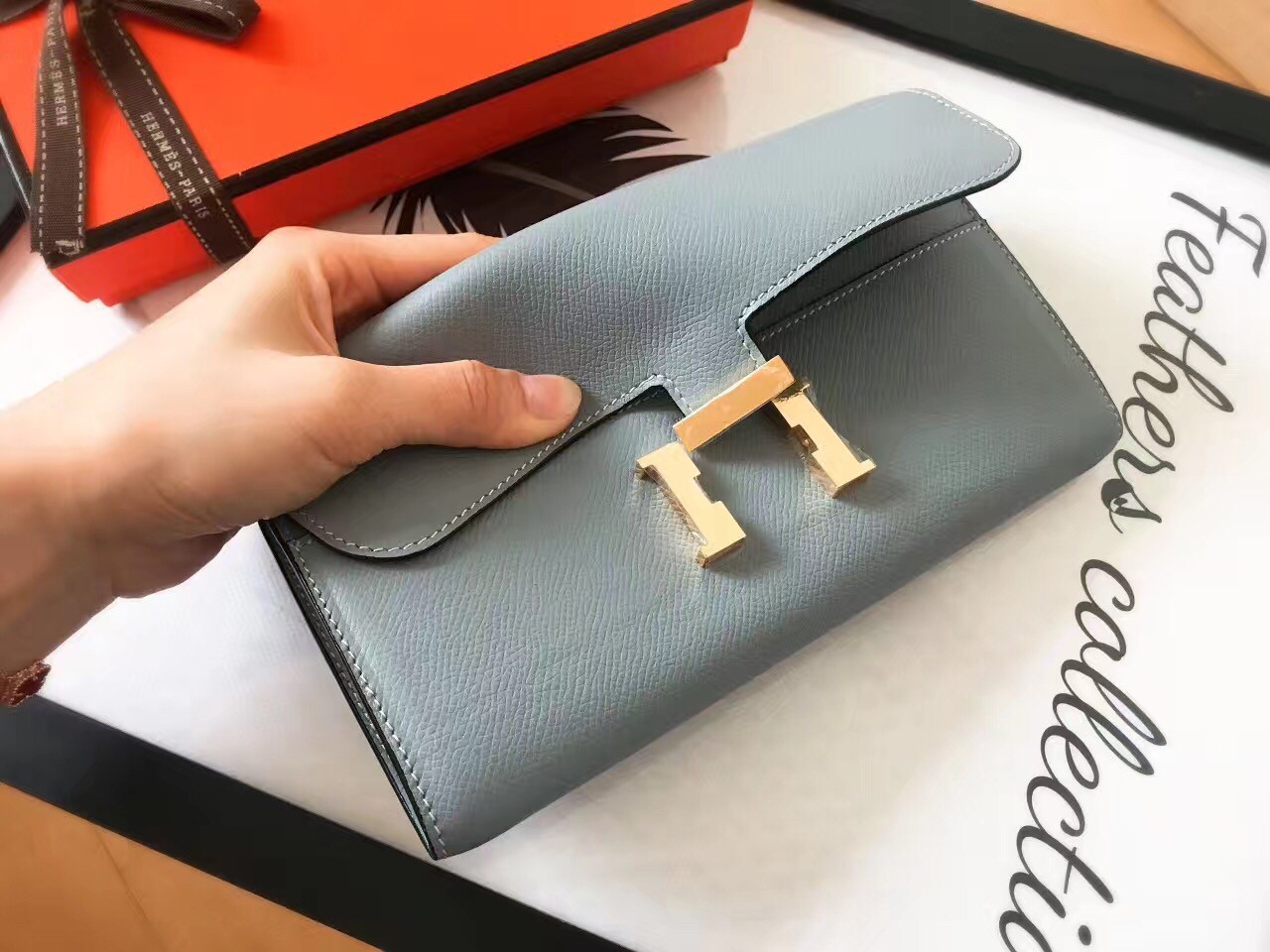 H**mes blue lin epsom constance long wallet