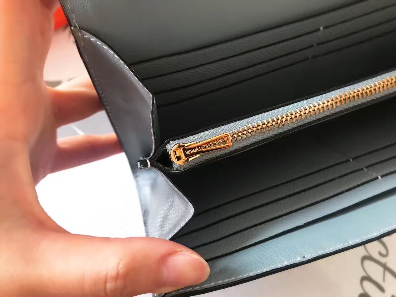 H**mes blue lin epsom constance long wallet