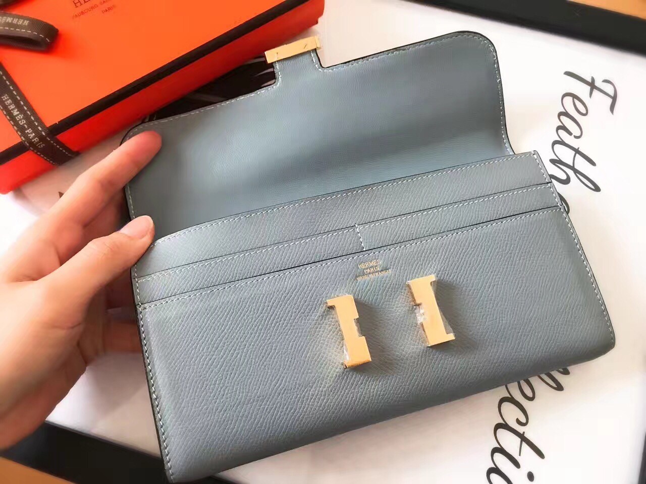 H**mes blue lin epsom constance long wallet