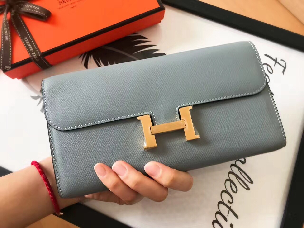 H**mes blue lin epsom constance long wallet