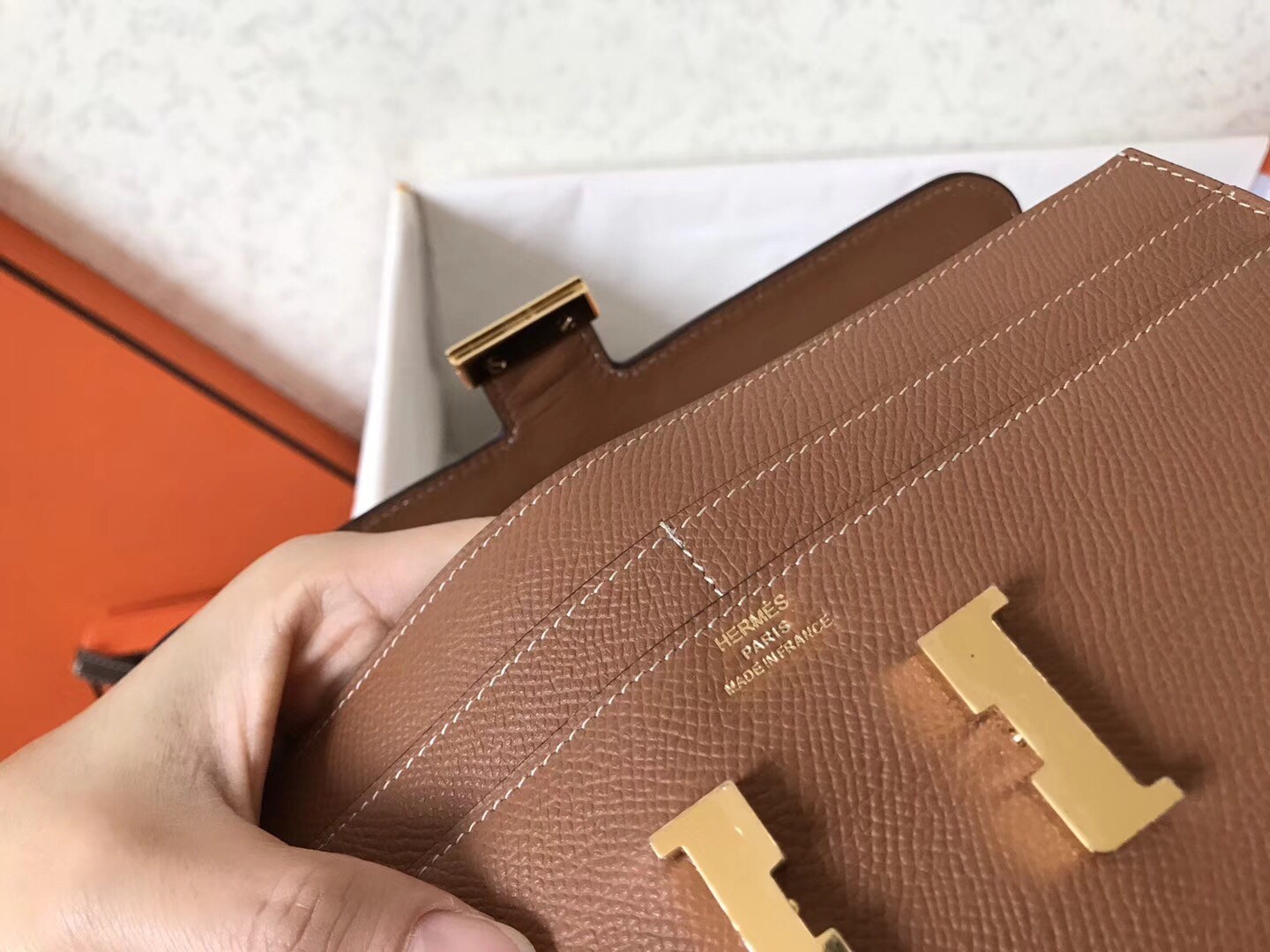 H**mes brown epsom constance long wallet