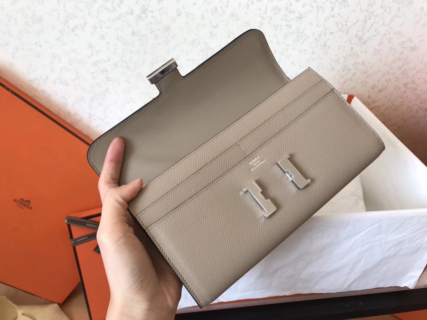 H**mes grey epsom constance long wallet