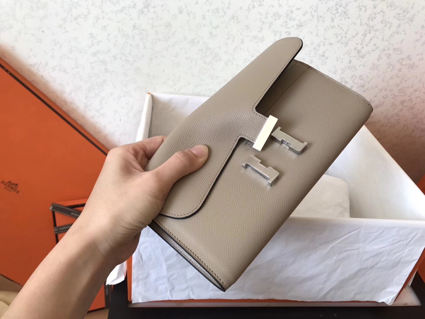 H**mes grey epsom constance long wallet