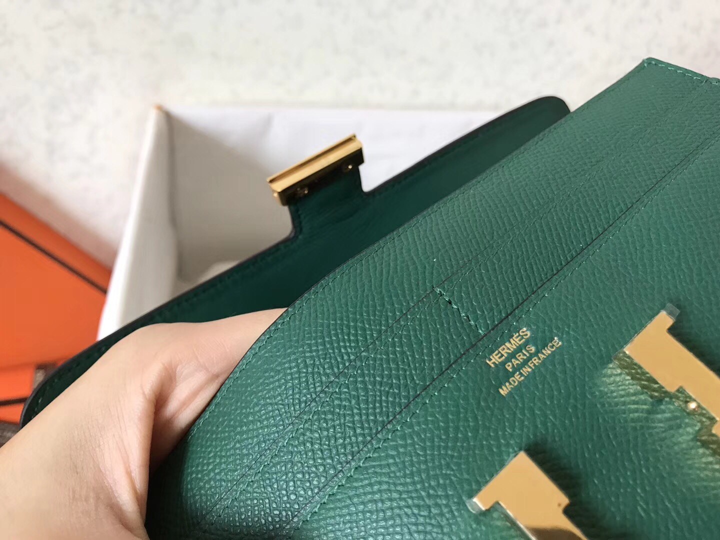 H**mes malachite epsom constance long wallet