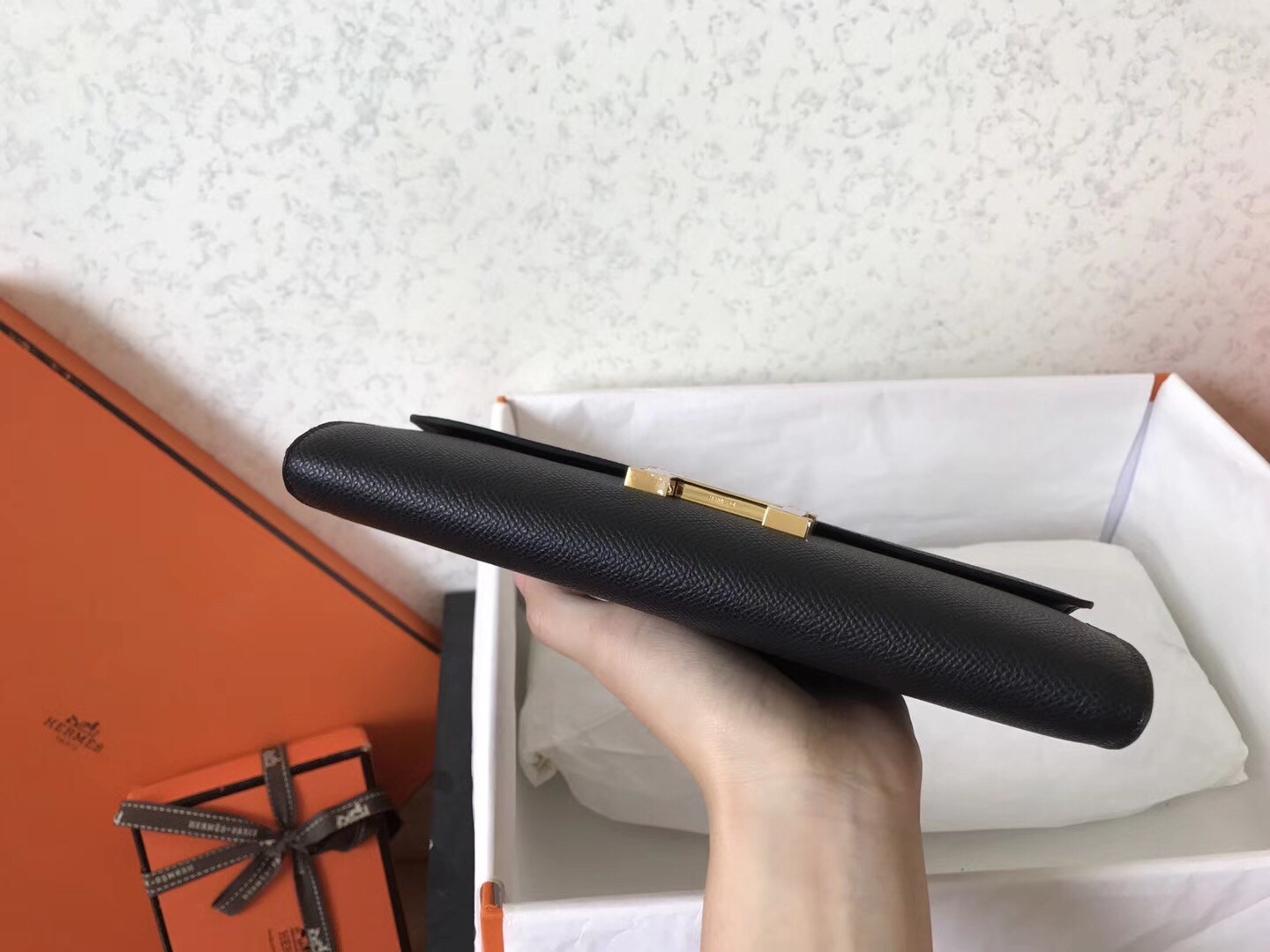 H**mes black epsom constance long wallet