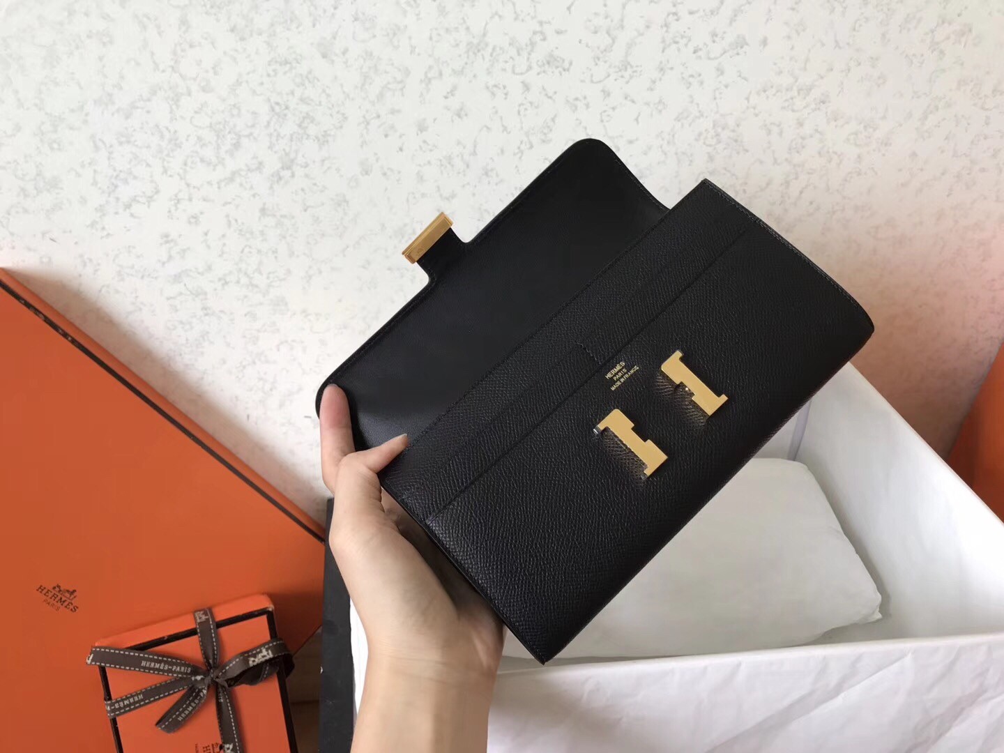 H**mes black epsom constance long wallet