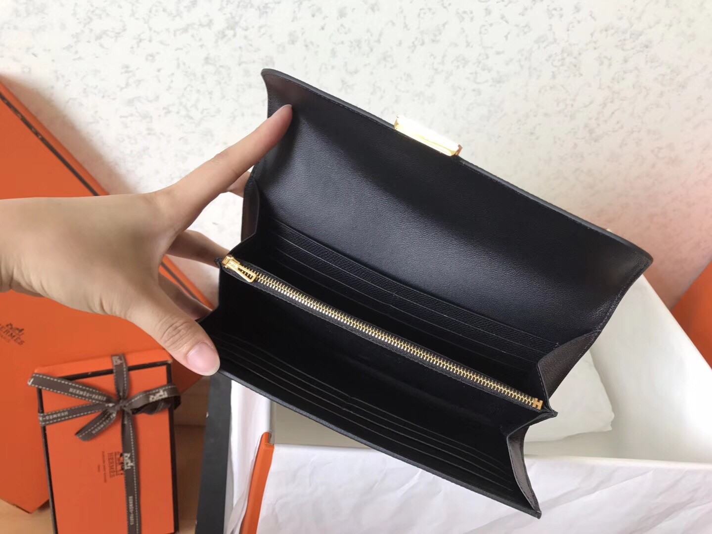 H**mes black epsom constance long wallet