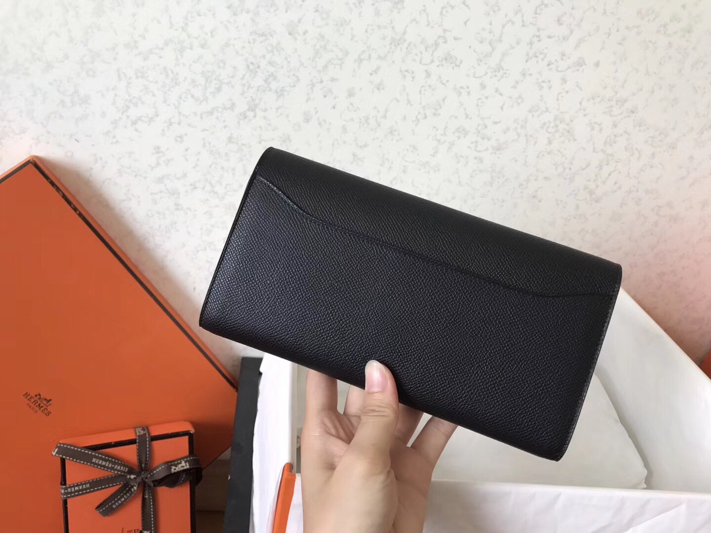 H**mes black epsom constance long wallet
