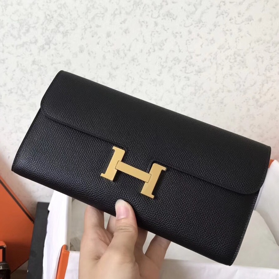 H**mes black epsom constance long wallet
