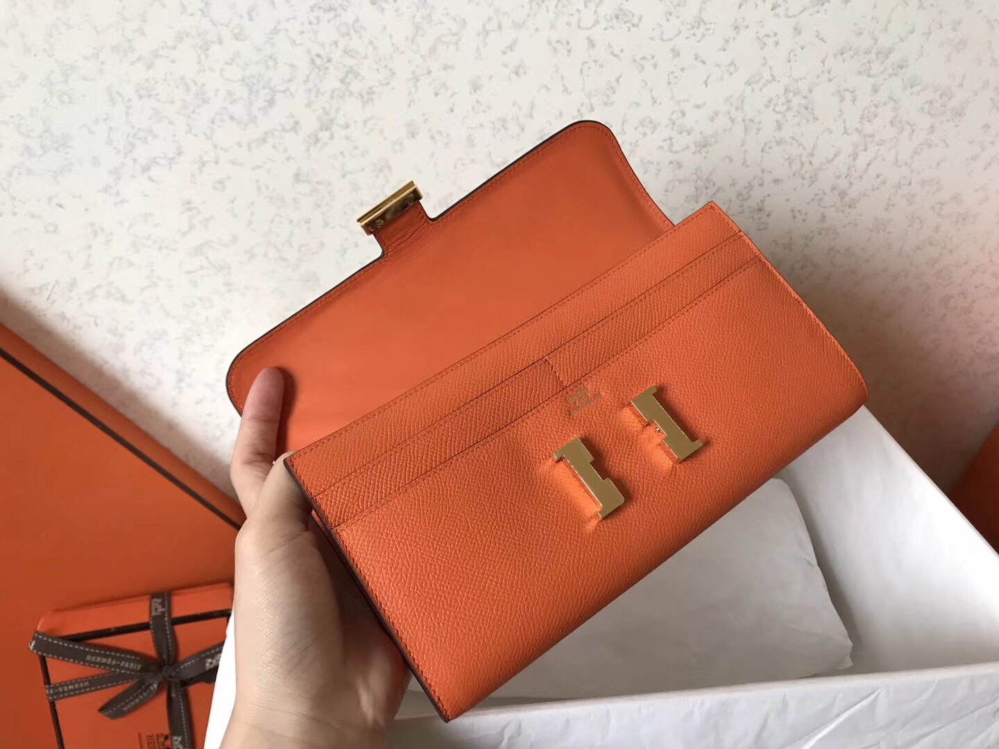 H**mes orange epsom constance long wallet
