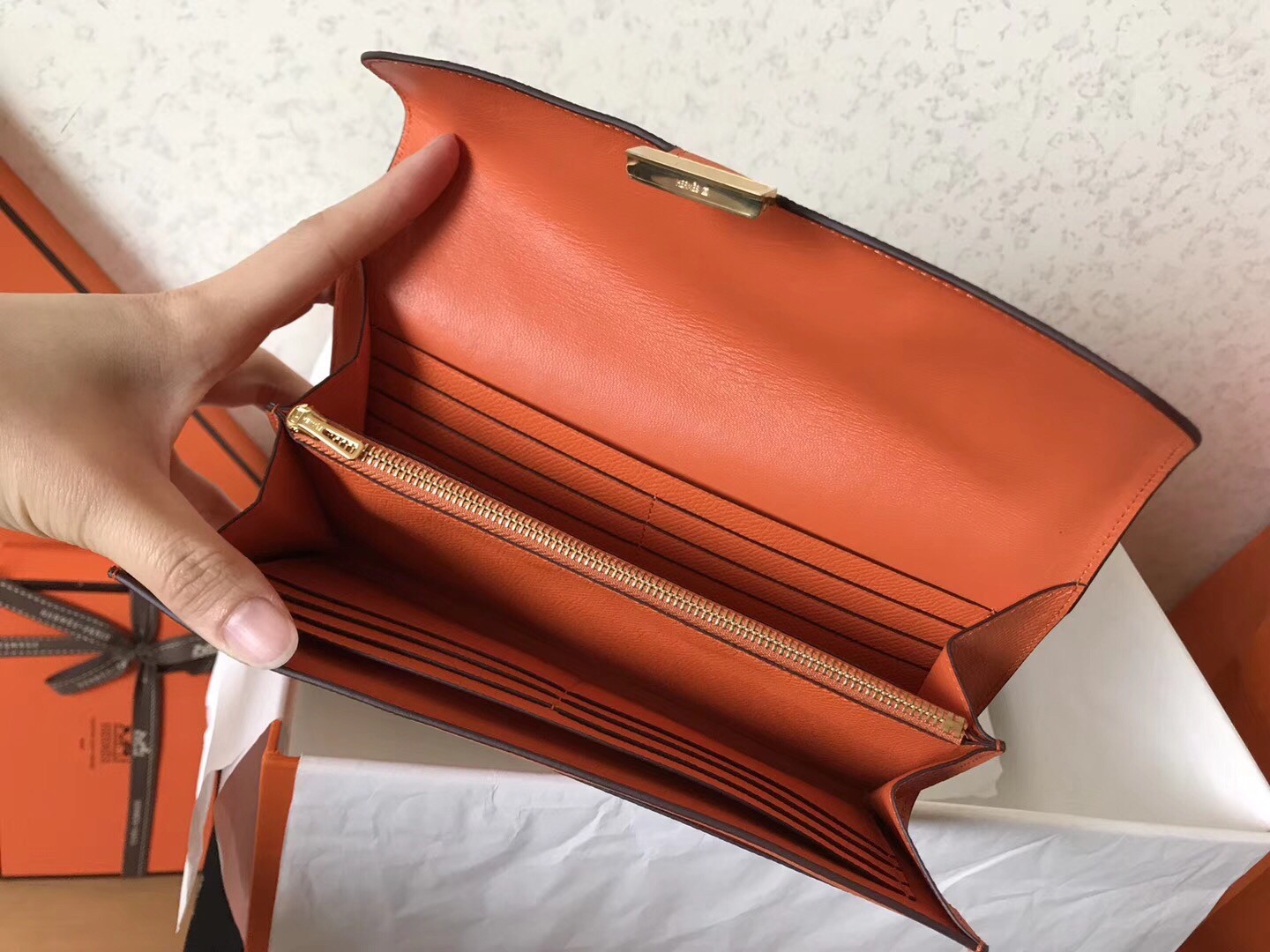 H**mes orange epsom constance long wallet
