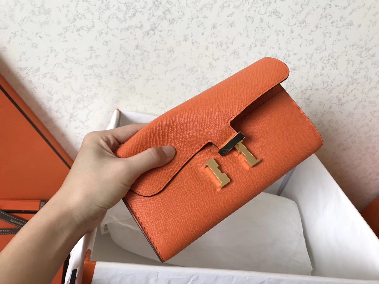 H**mes orange epsom constance long wallet
