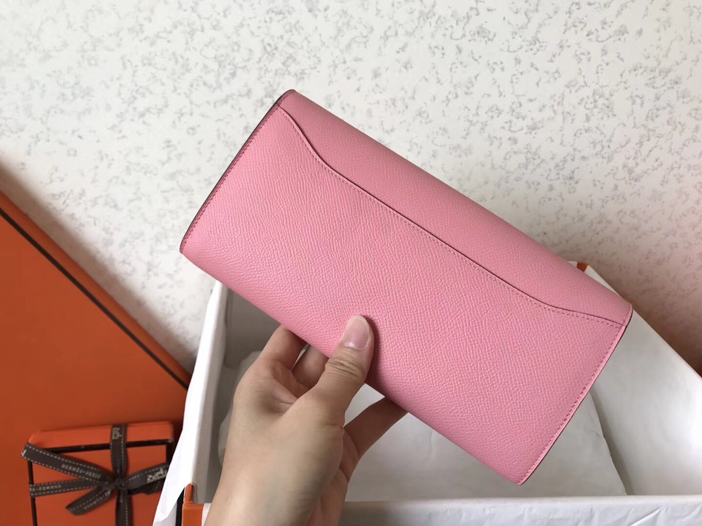 H**mes pink epsom constance long wallet
