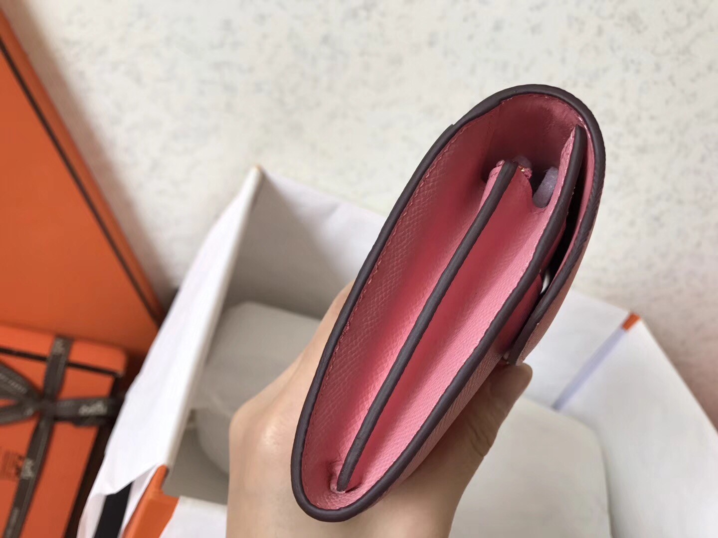 H**mes pink epsom constance long wallet
