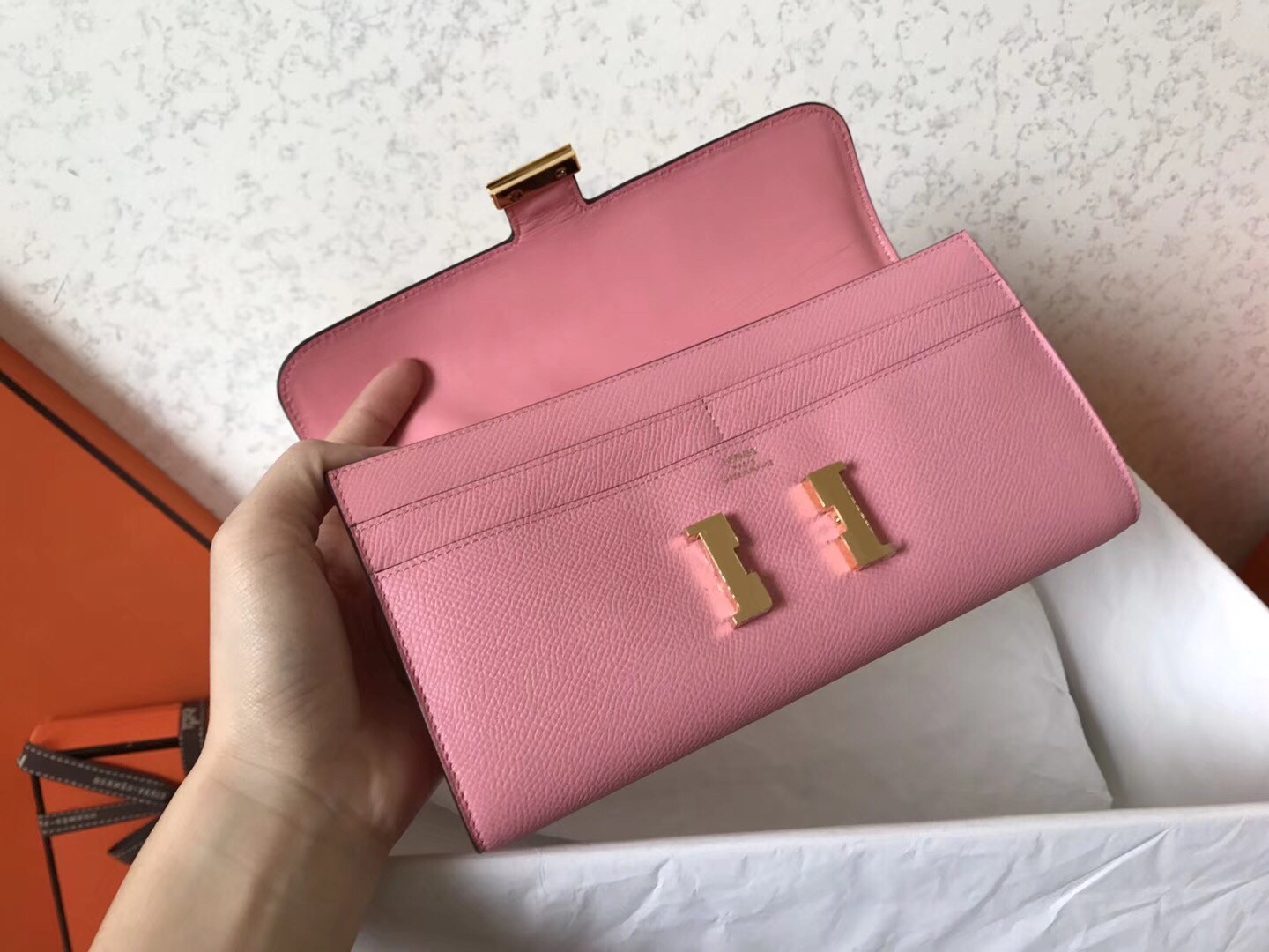 H**mes pink epsom constance long wallet