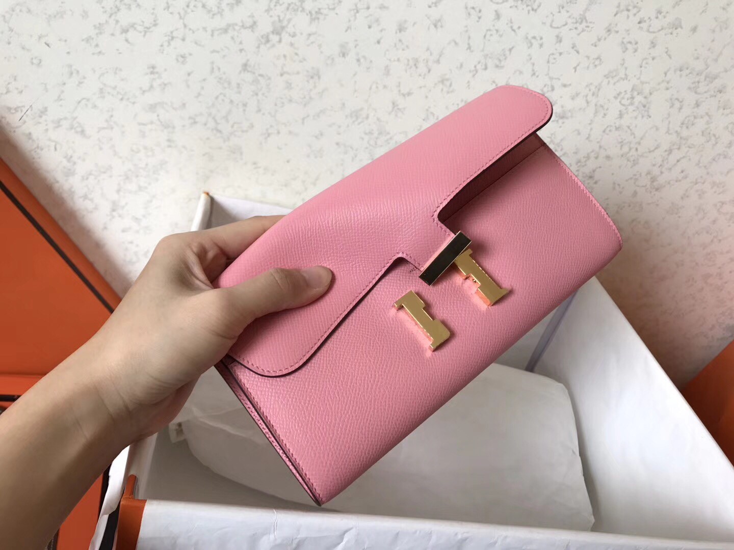 H**mes pink epsom constance long wallet