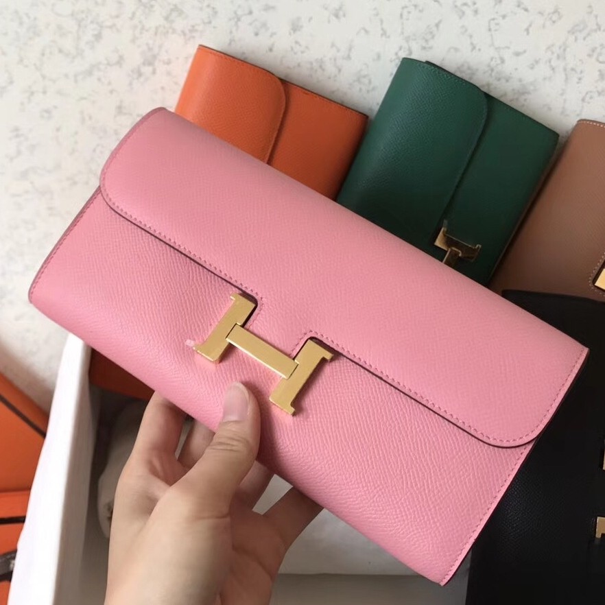 H**mes pink epsom constance long wallet