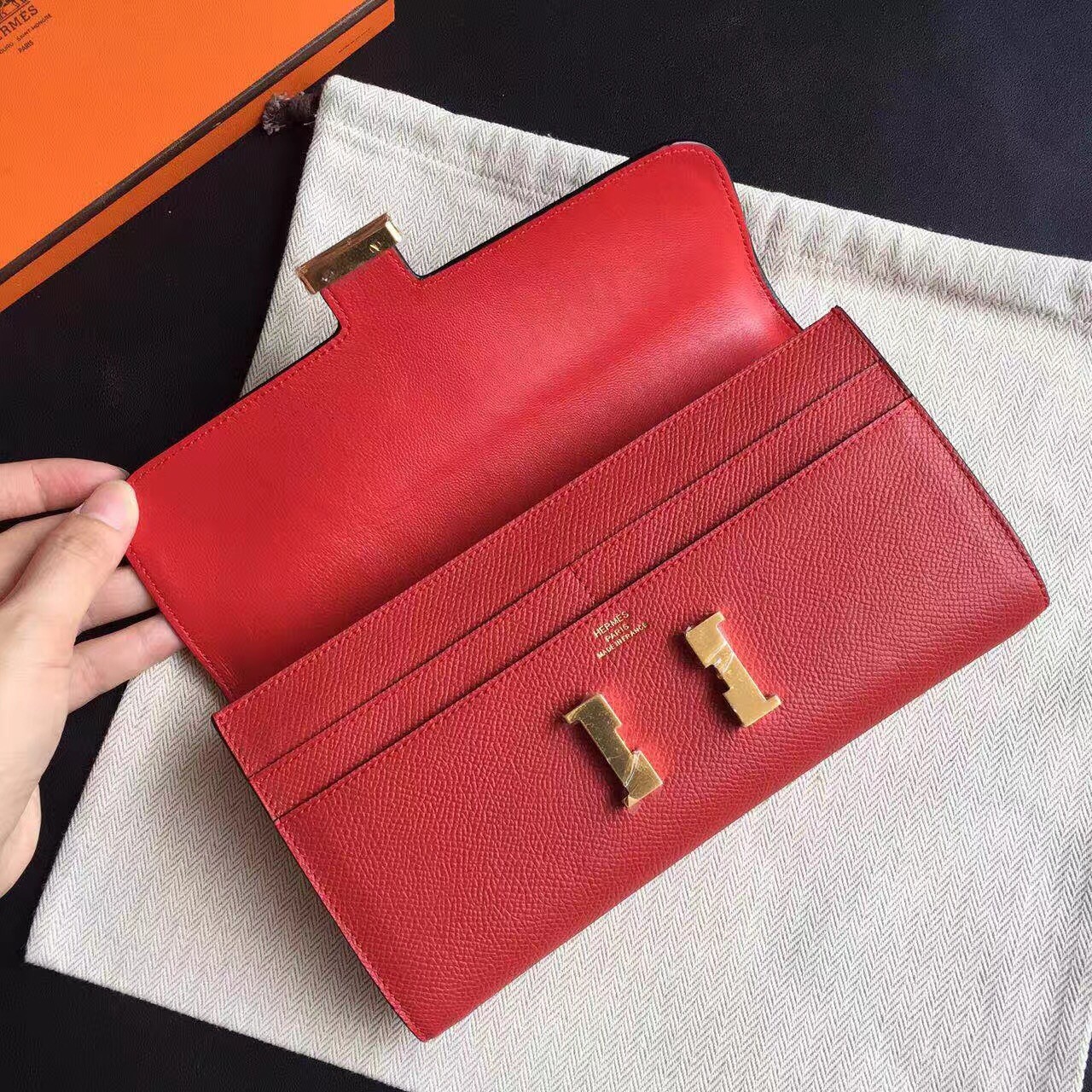 H**mes red epsom constance long wallet