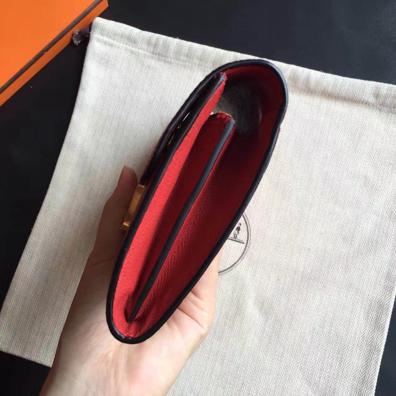 H**mes red epsom constance long wallet