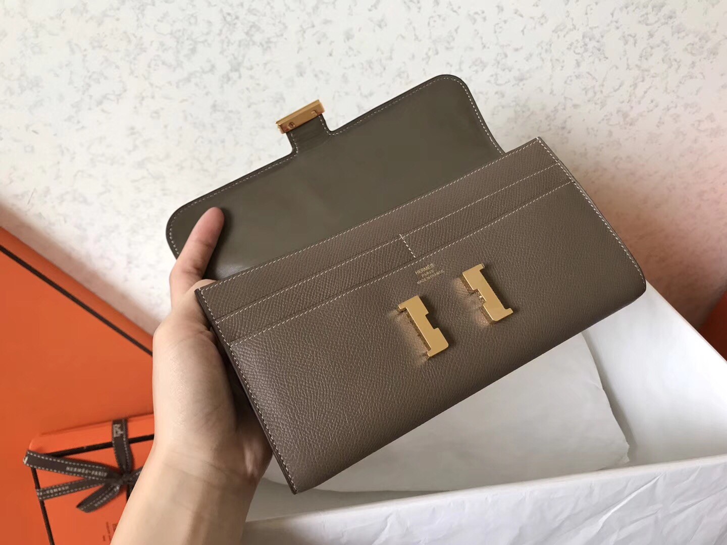 H**mes taupe epsom constance long wallet