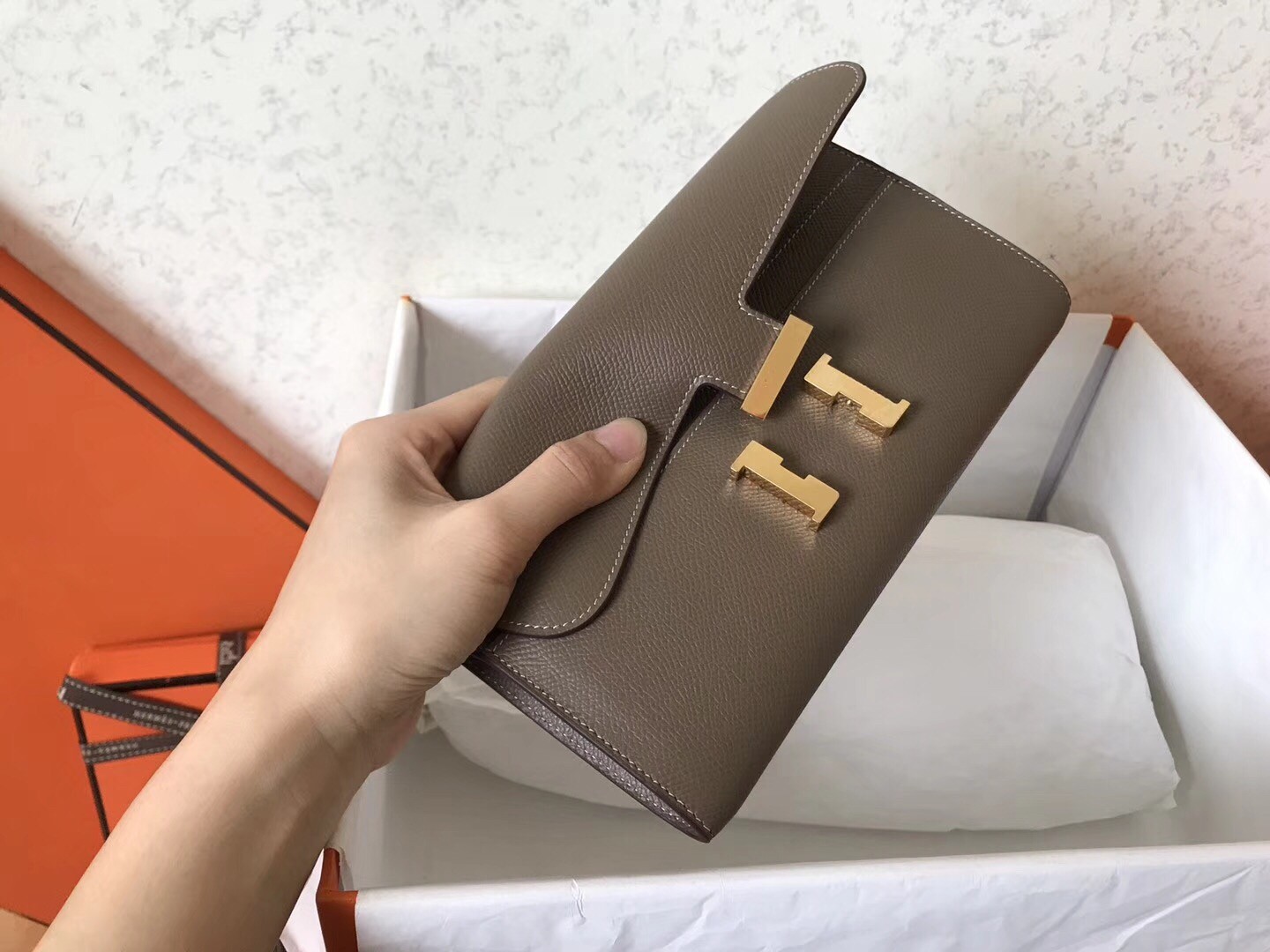 H**mes taupe epsom constance long wallet