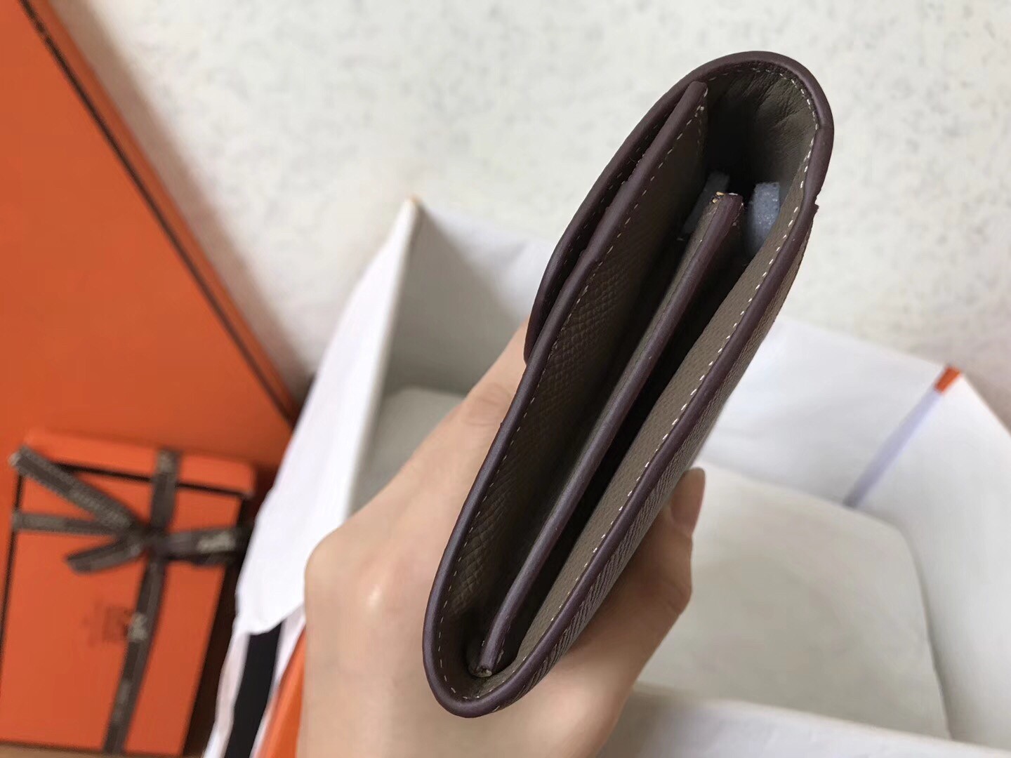 H**mes taupe epsom constance long wallet