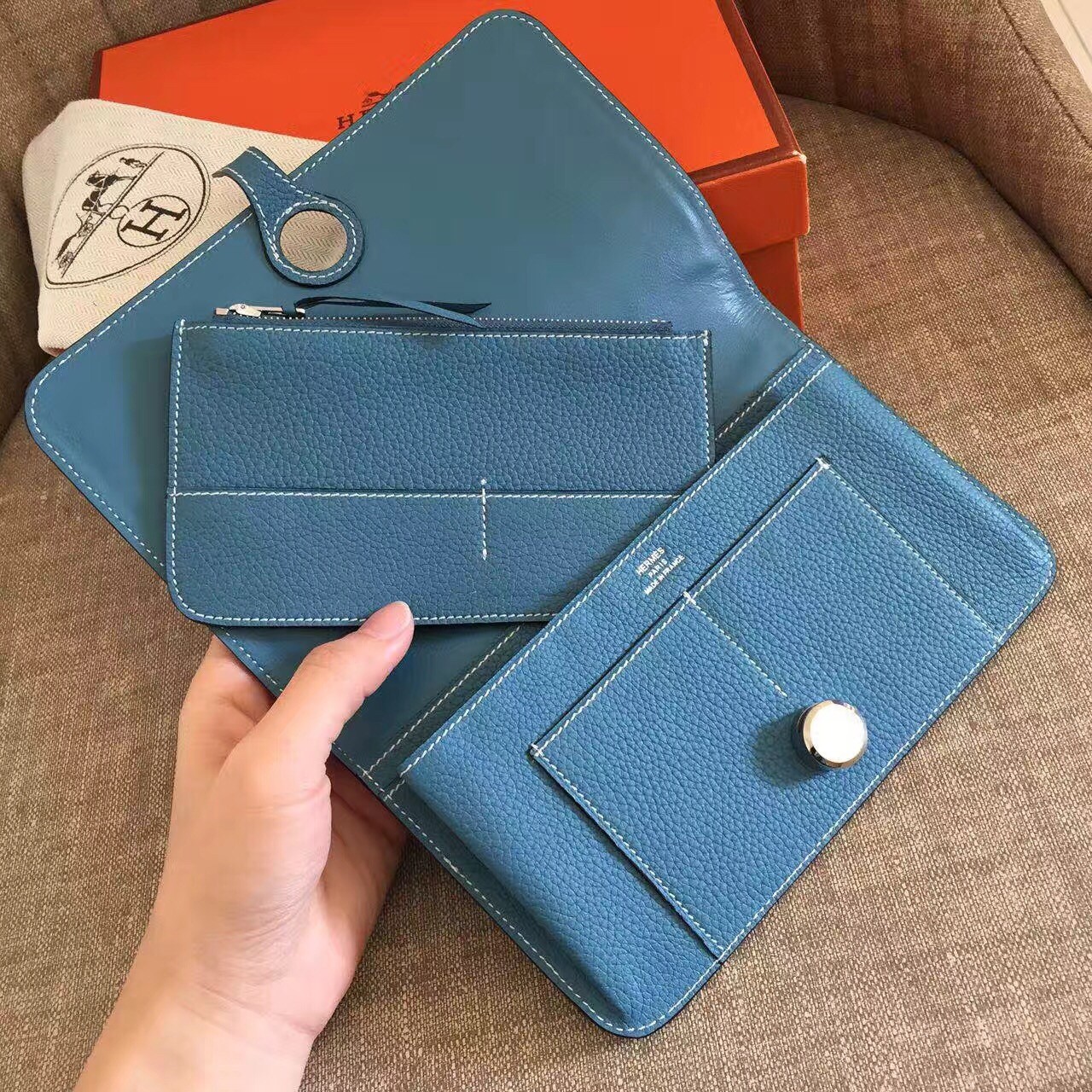 H**mes dogon combine wallet in jean blue leather