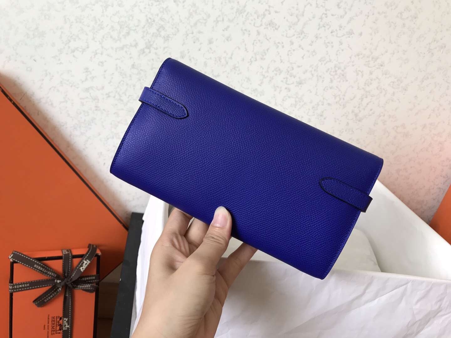 H**mes kelly classic long wallet in blue electric epsom leather